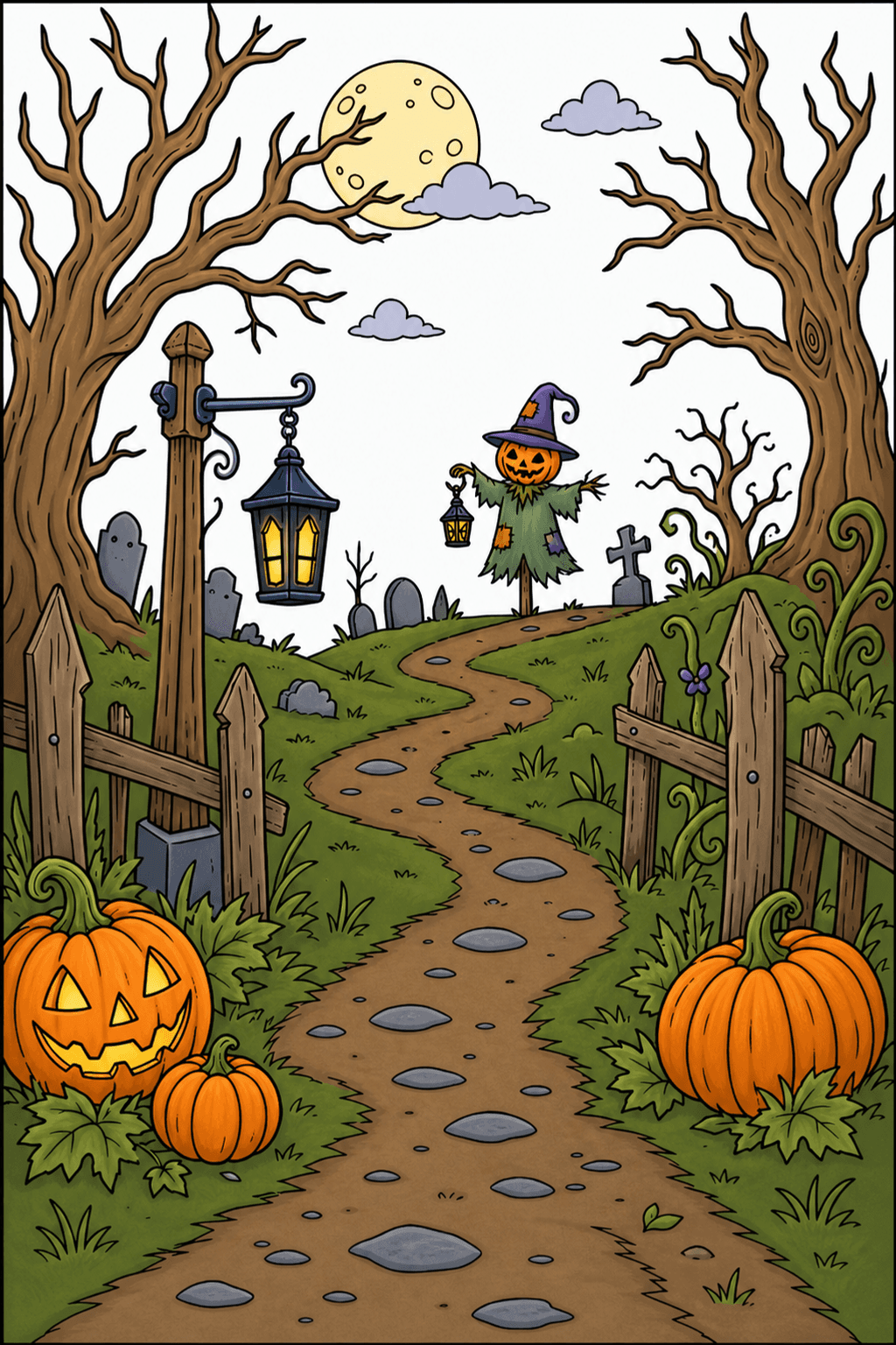 Moonlit Halloween Path with a Scarecrow clean-digital colorized preview