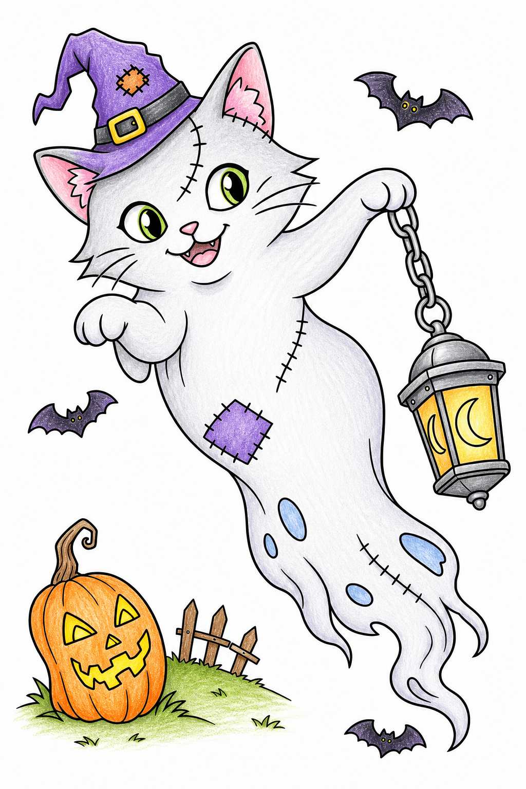 Playful Ghost Cat with a Halloween Lantern colored-pencil colorized preview