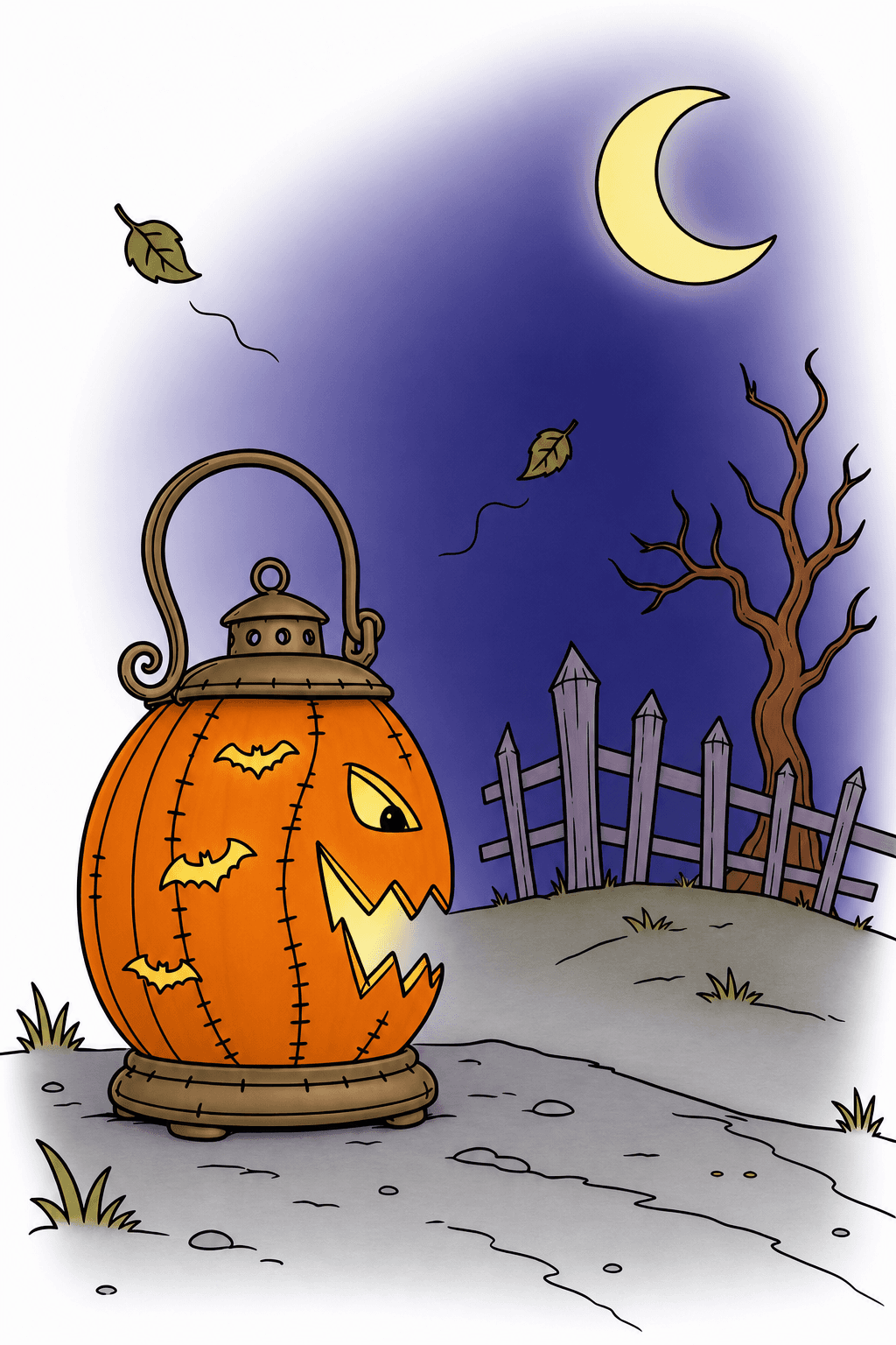 Pumpkin Lantern Under a Crescent Moon storybook colorized preview