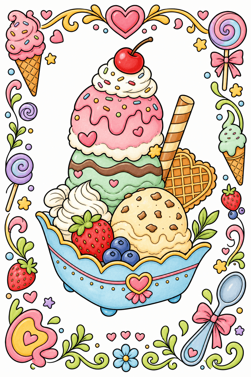 Ice Cream Sundae with a Decorative Sweet Border storybook colorized preview