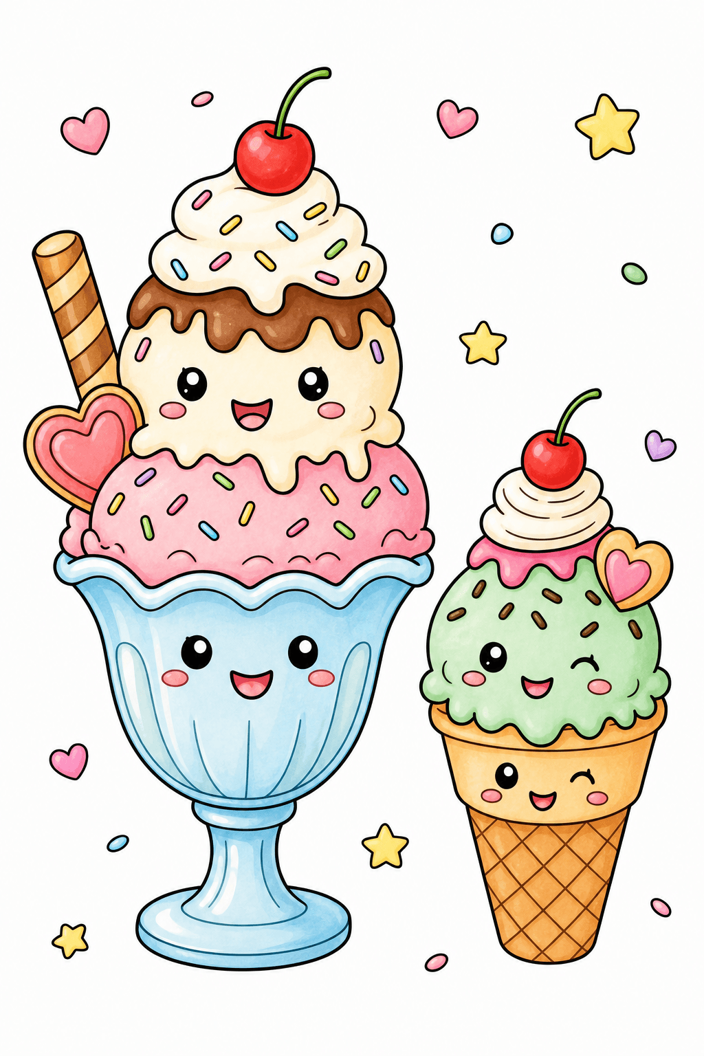 Smiling Ice Cream Sundae and Cone storybook colorized preview