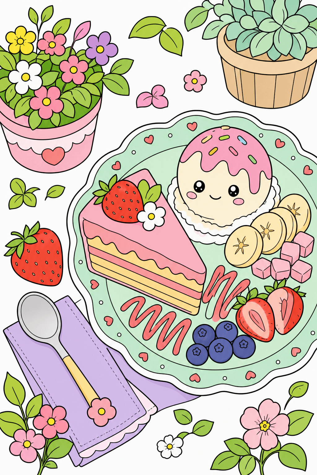 Cake and Smiling Ice Cream on a Scalloped Dessert Plate clean-digital colorized preview