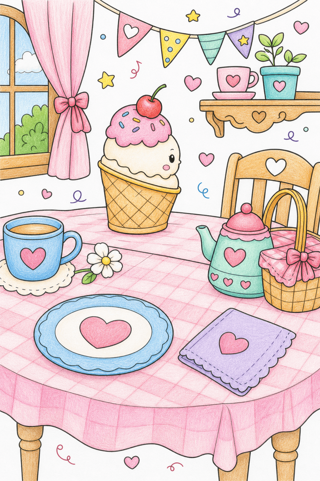 Ice Cream Tea Party in a Cozy Room colored-pencil colorized preview