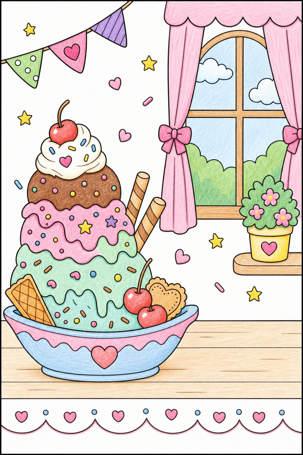 Giant Ice Cream Sundae in a Cozy Room colored-pencil colorized preview