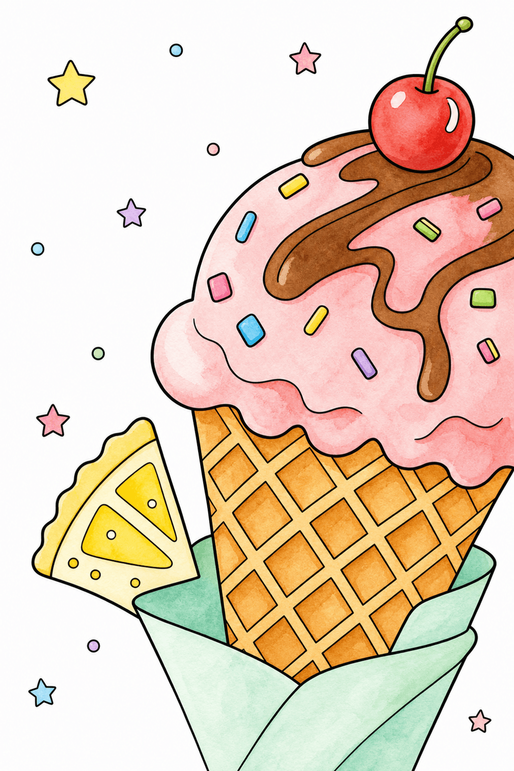 Cherry-Topped Waffle Cone Close-Up watercolor colorized preview