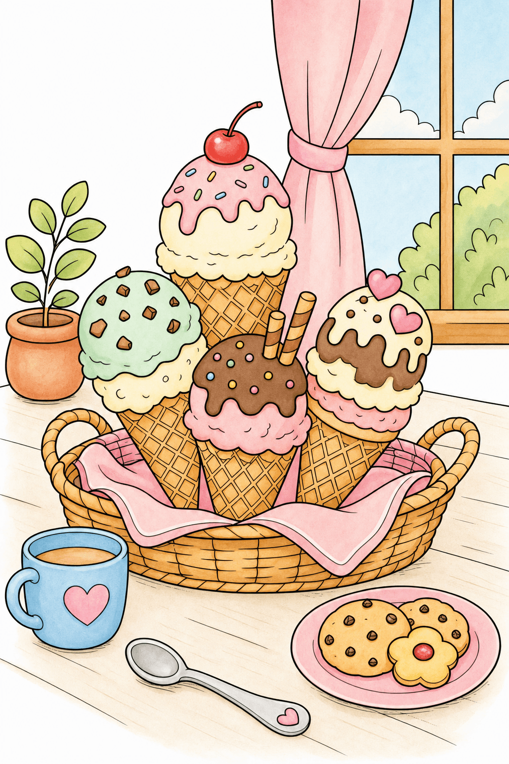 Ice Cream Cones in a Cozy Basket Scene storybook colorized preview