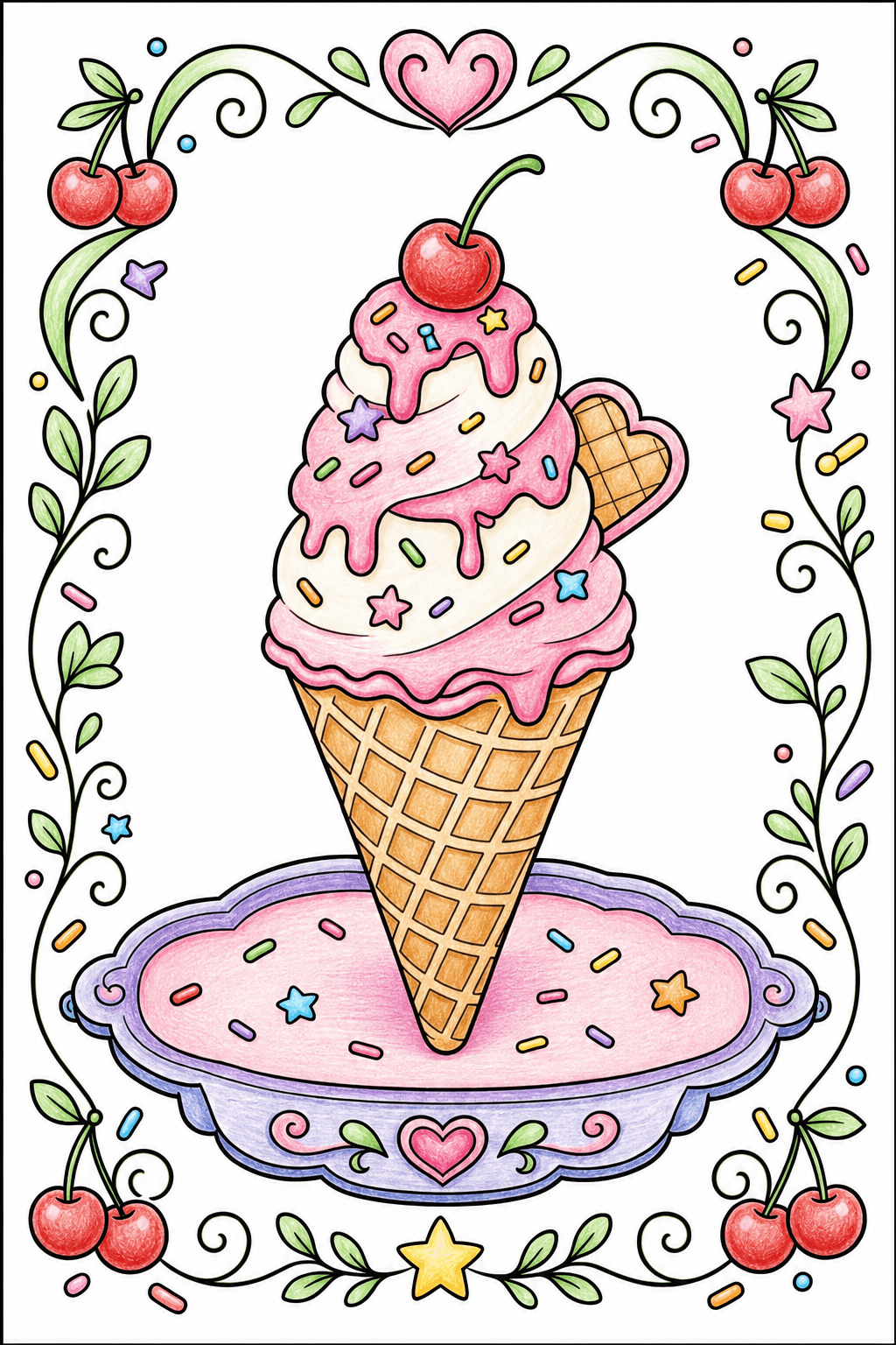 Ice Cream Cone in a Cherry and Vine Frame colored-pencil colorized preview
