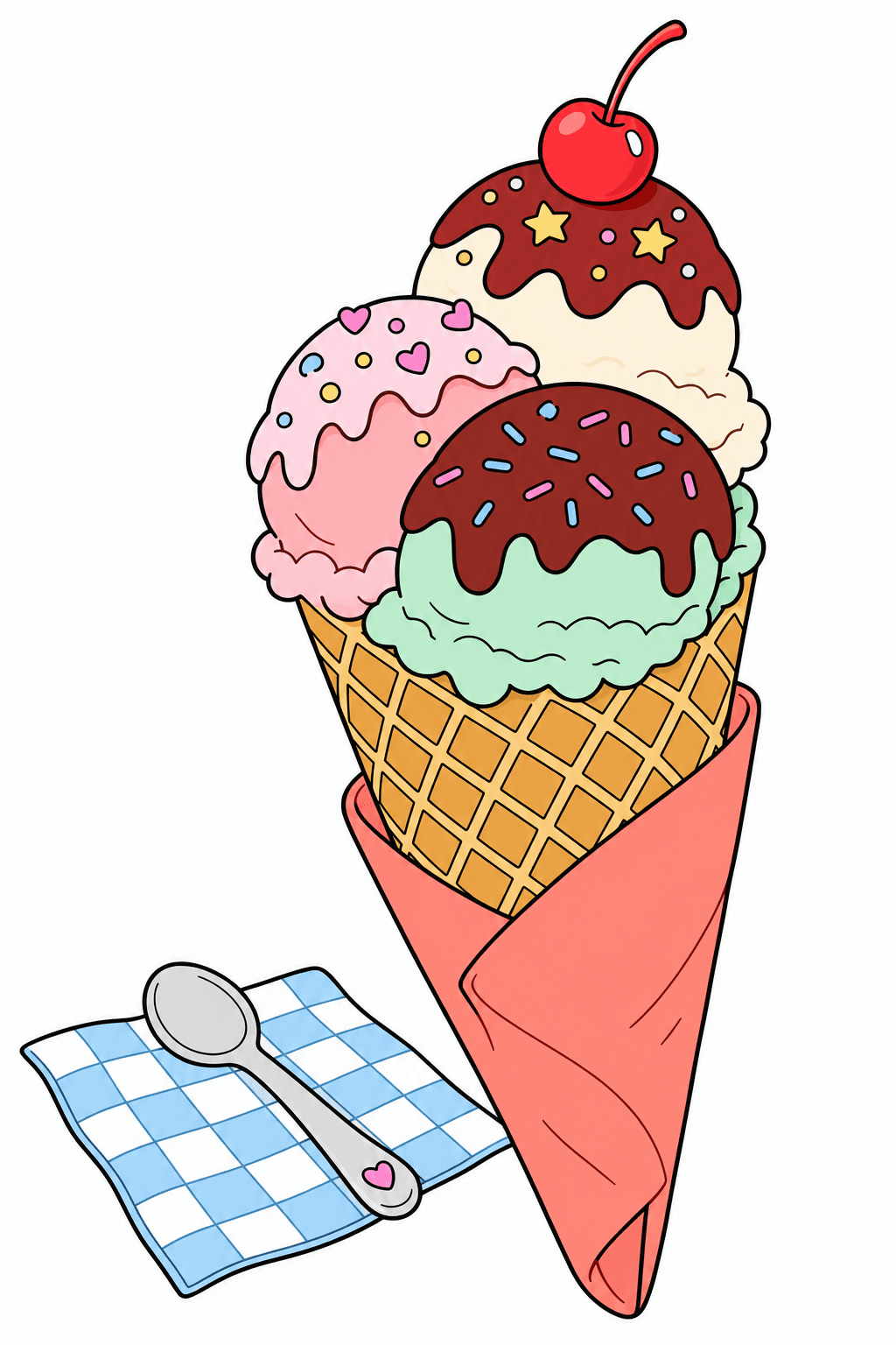 Triple Scoop Ice Cream Cone with Cherry clean-digital colorized preview