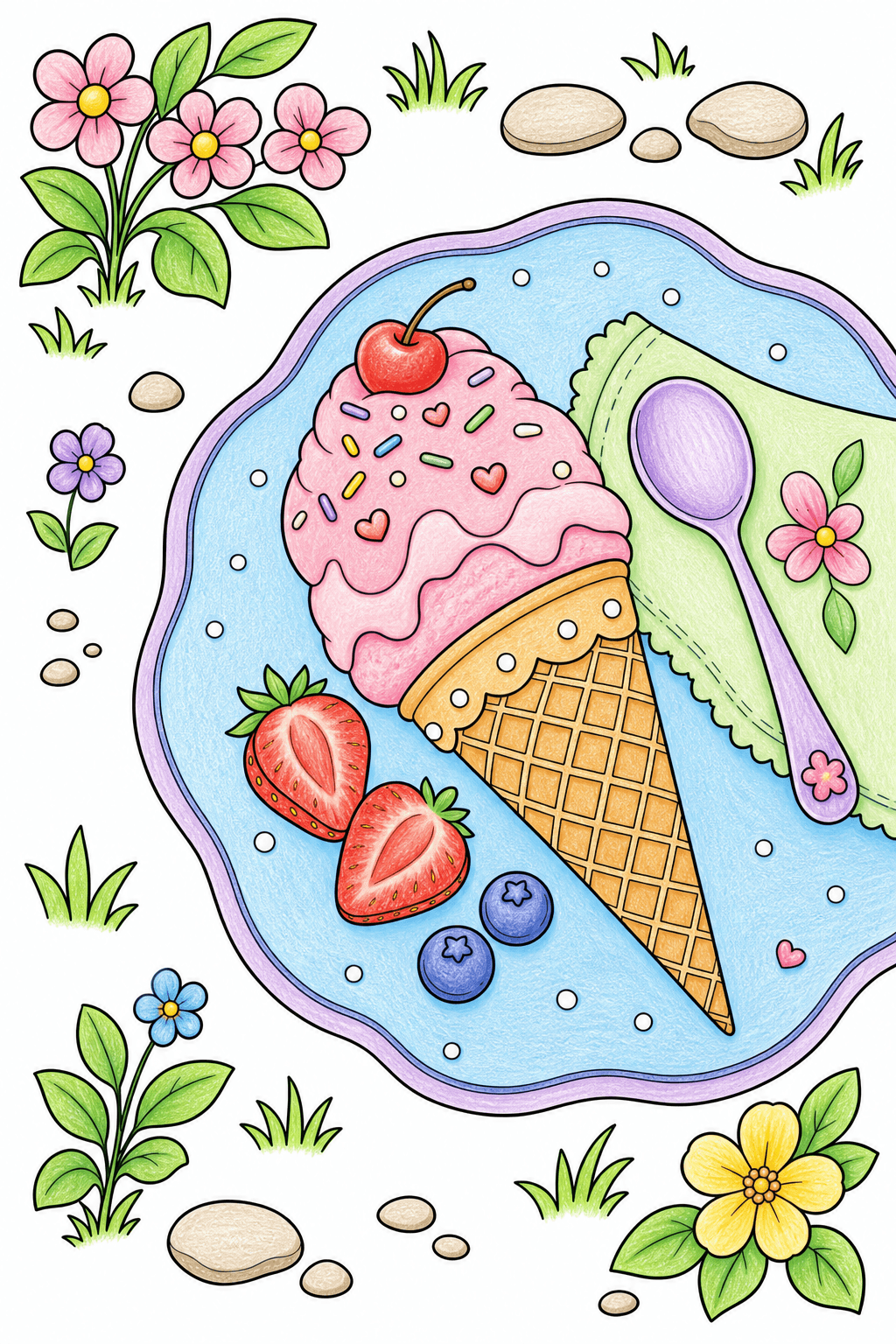 Ice Cream Cone in a Garden Setting colored-pencil colorized preview
