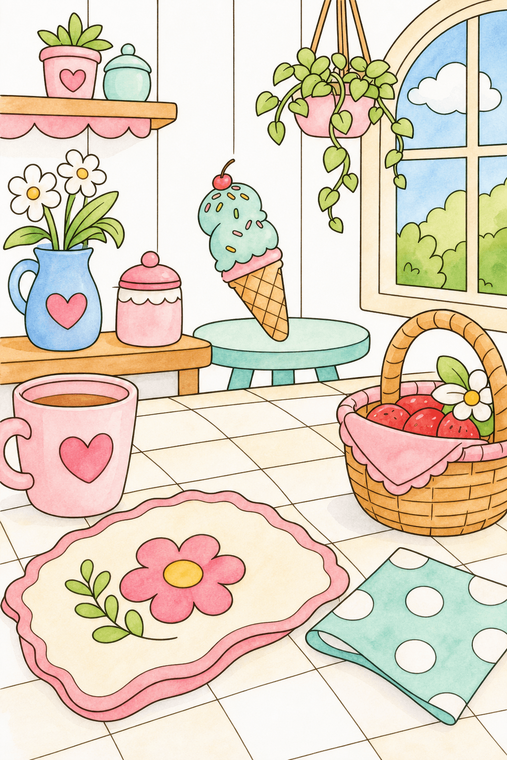 Ice Cream Cone in a Flower-Filled Kitchen watercolor colorized preview