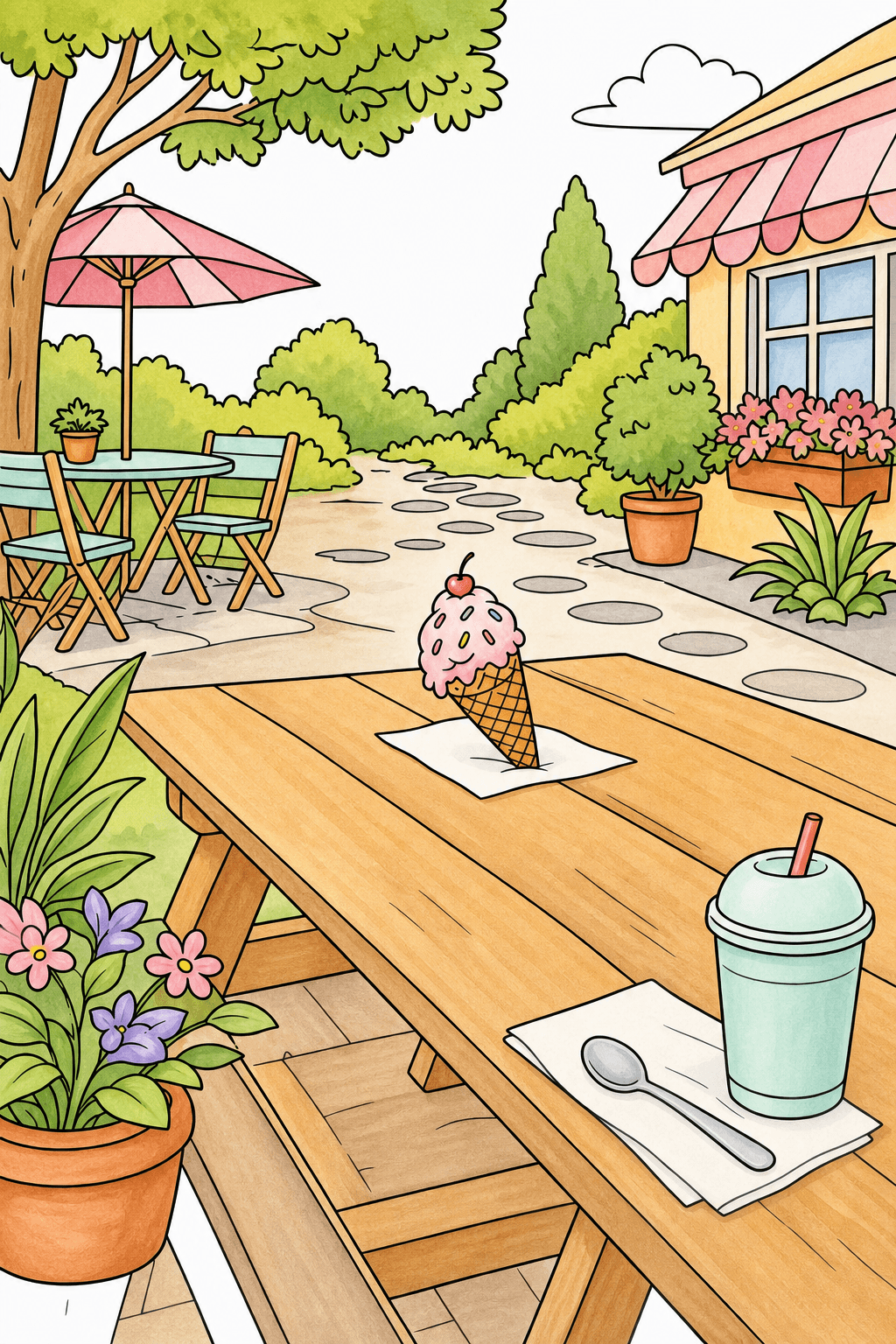 Ice Cream Cone on a Garden Picnic Table storybook colorized preview