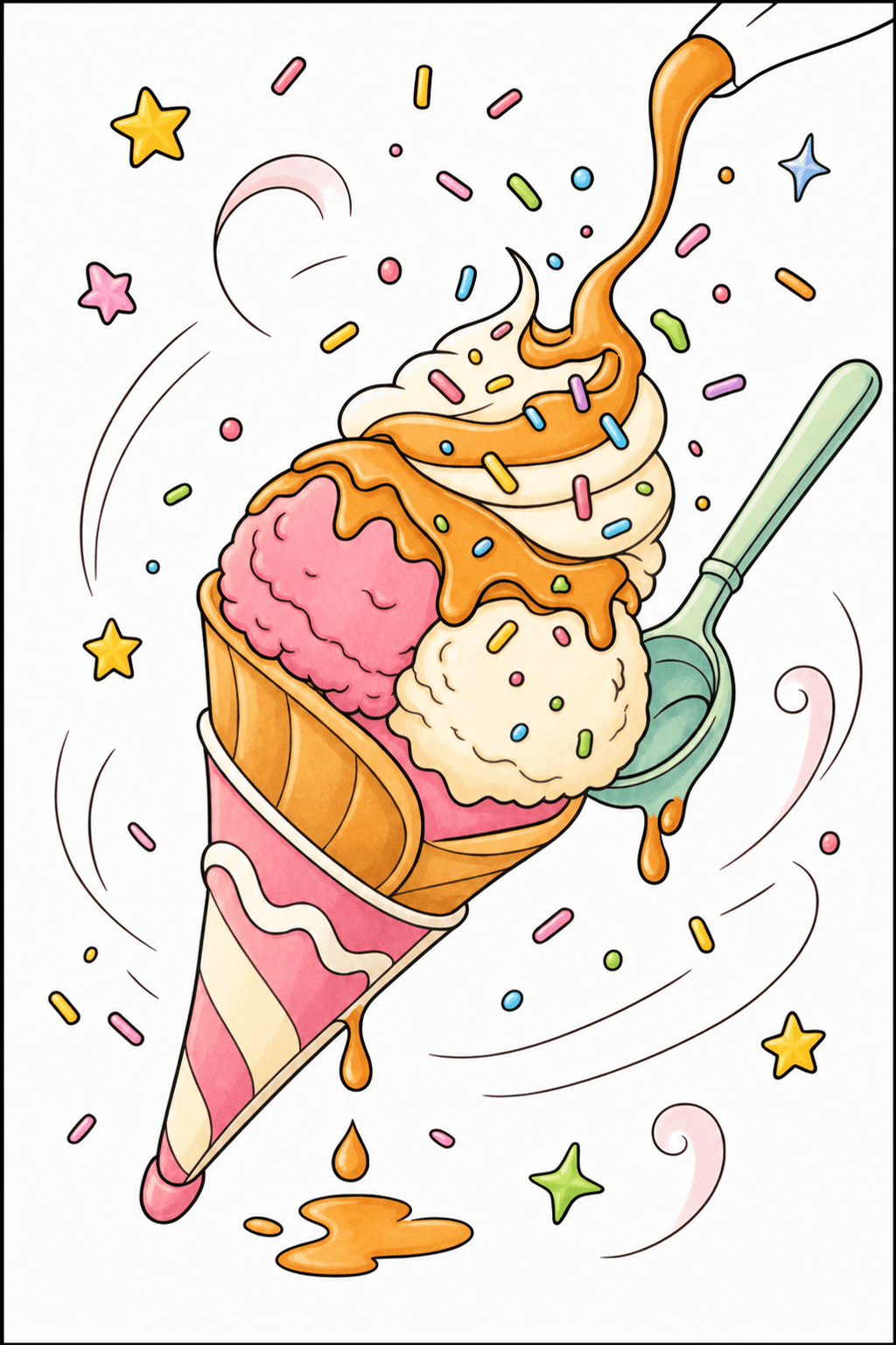 Ice Cream Cone with Scoops and Pouring Syrup storybook colorized preview