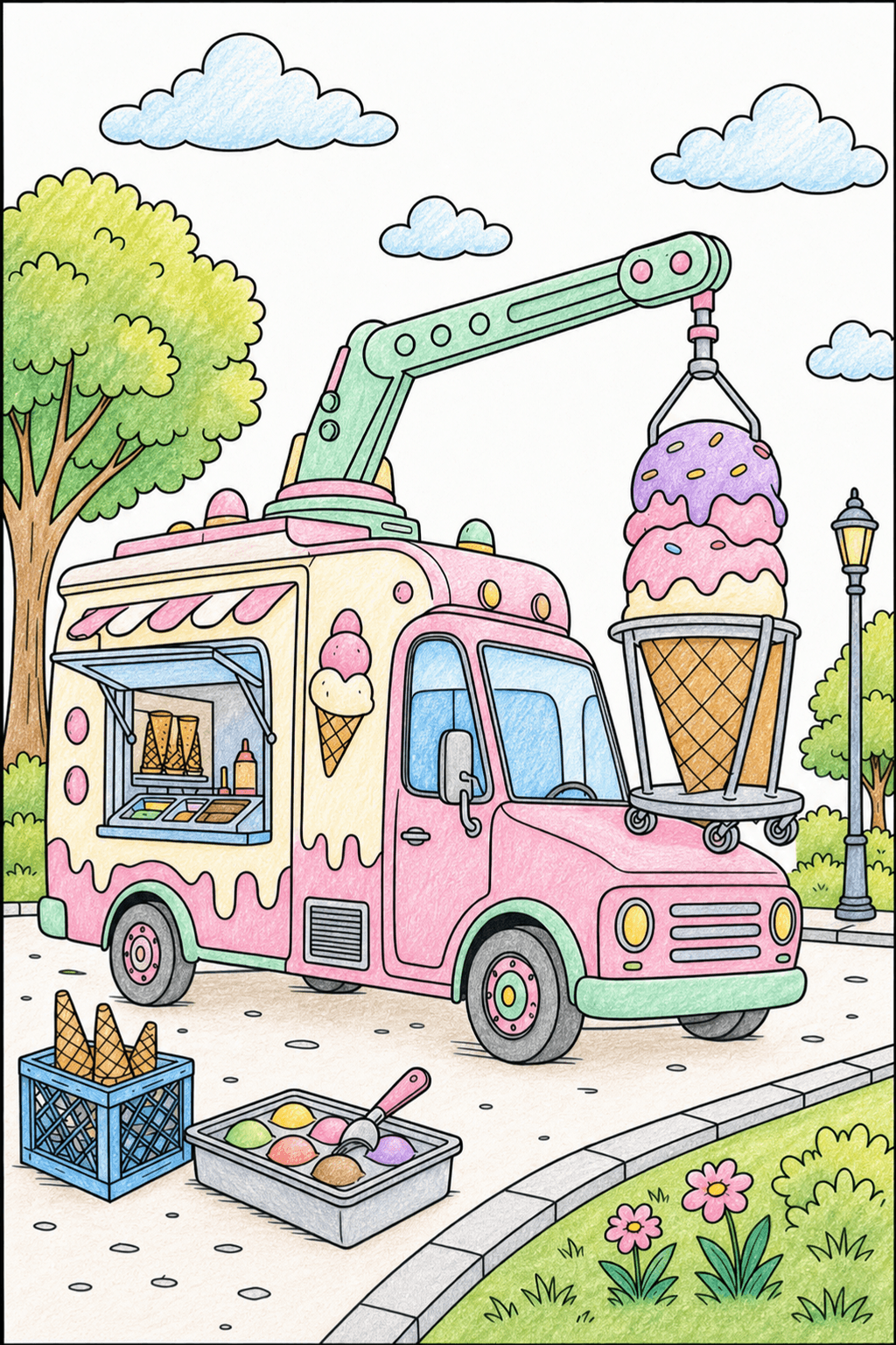 Ice Cream Truck Lifting a Giant Cone colored-pencil colorized preview