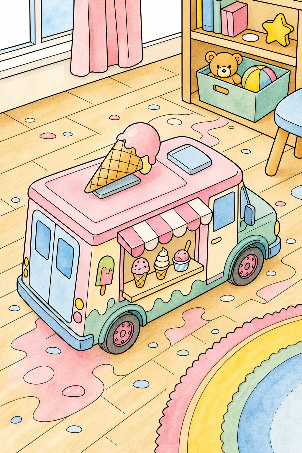 Toy Ice Cream Truck in a Playroom watercolor colorized preview