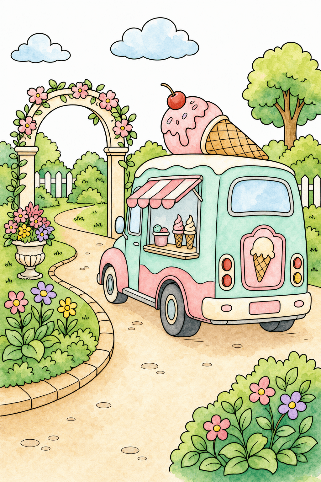 Ice Cream Truck on a Garden Path watercolor colorized preview