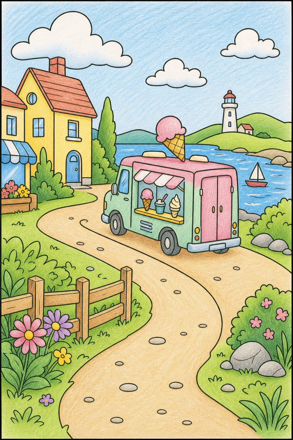 Ice Cream Truck on a Coastal Road colored-pencil colorized preview