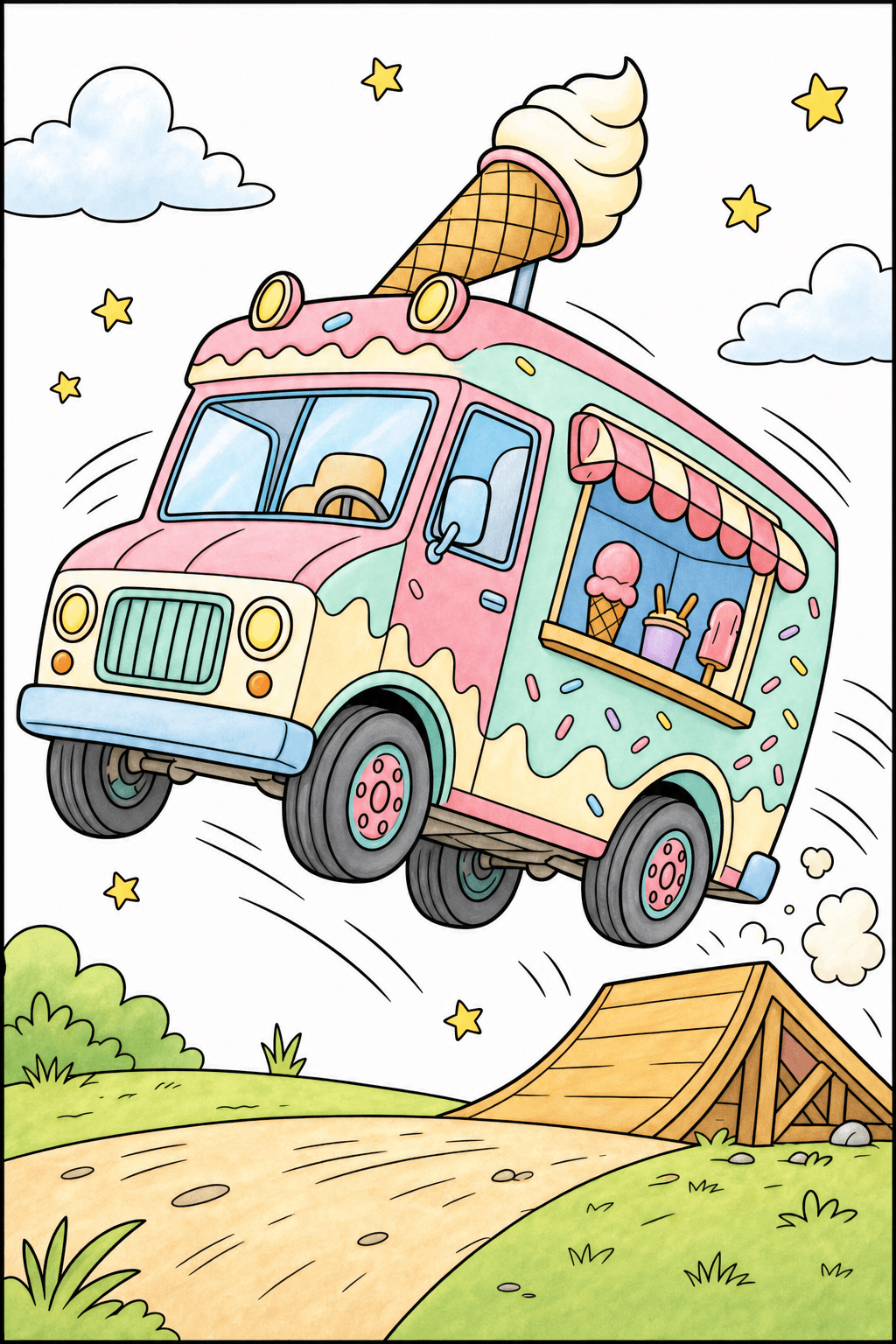 Ice Cream Truck Jumping Off a Ramp storybook colorized preview