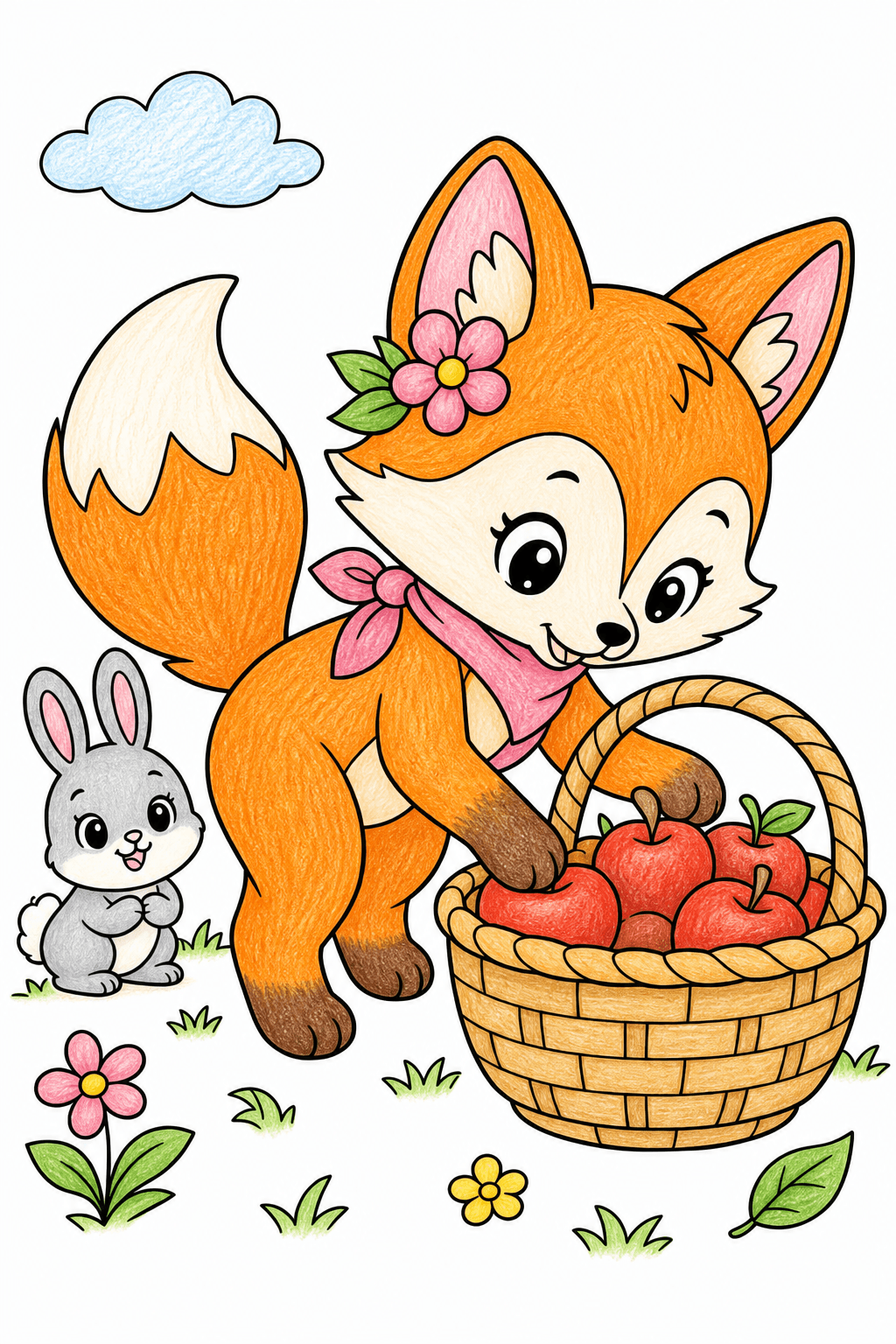 Kawaii Fox and Bunny by a Fruit Basket colored-pencil colorized preview