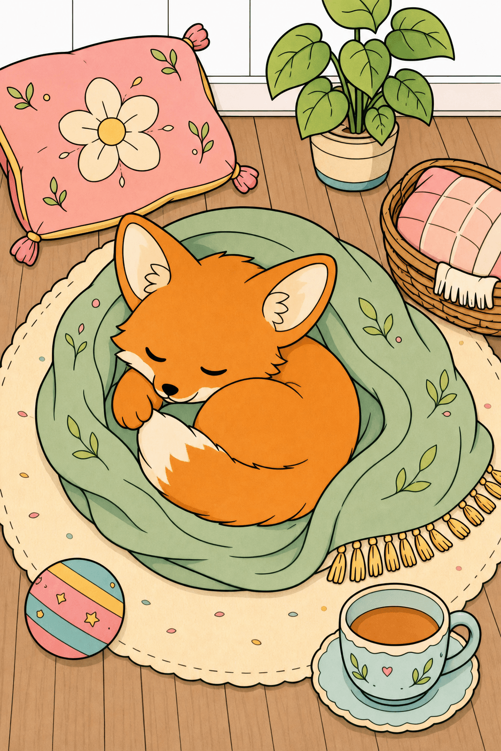 Sleeping Kawaii Fox Curled Up in a Blanket clean-digital colorized preview