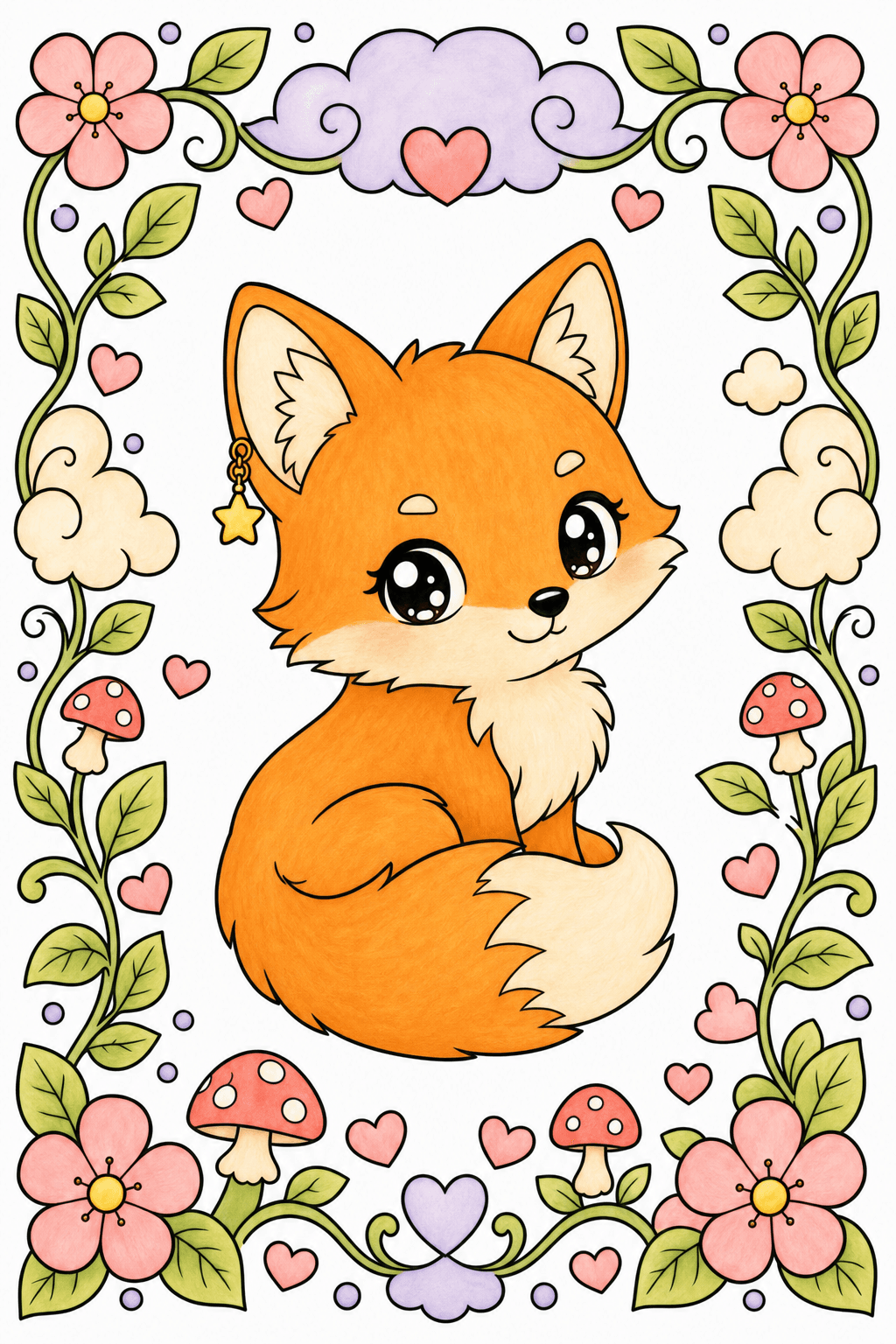 Kawaii Fox with a Floral Heart Border storybook colorized preview