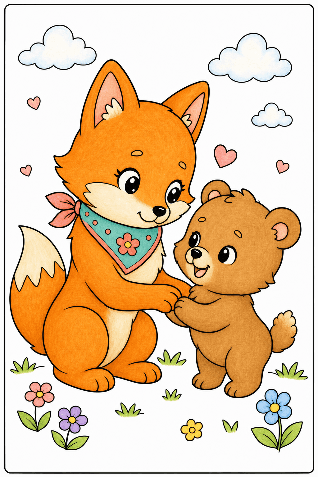 Kawaii Fox and Bear Holding Paws in a Meadow storybook colorized preview