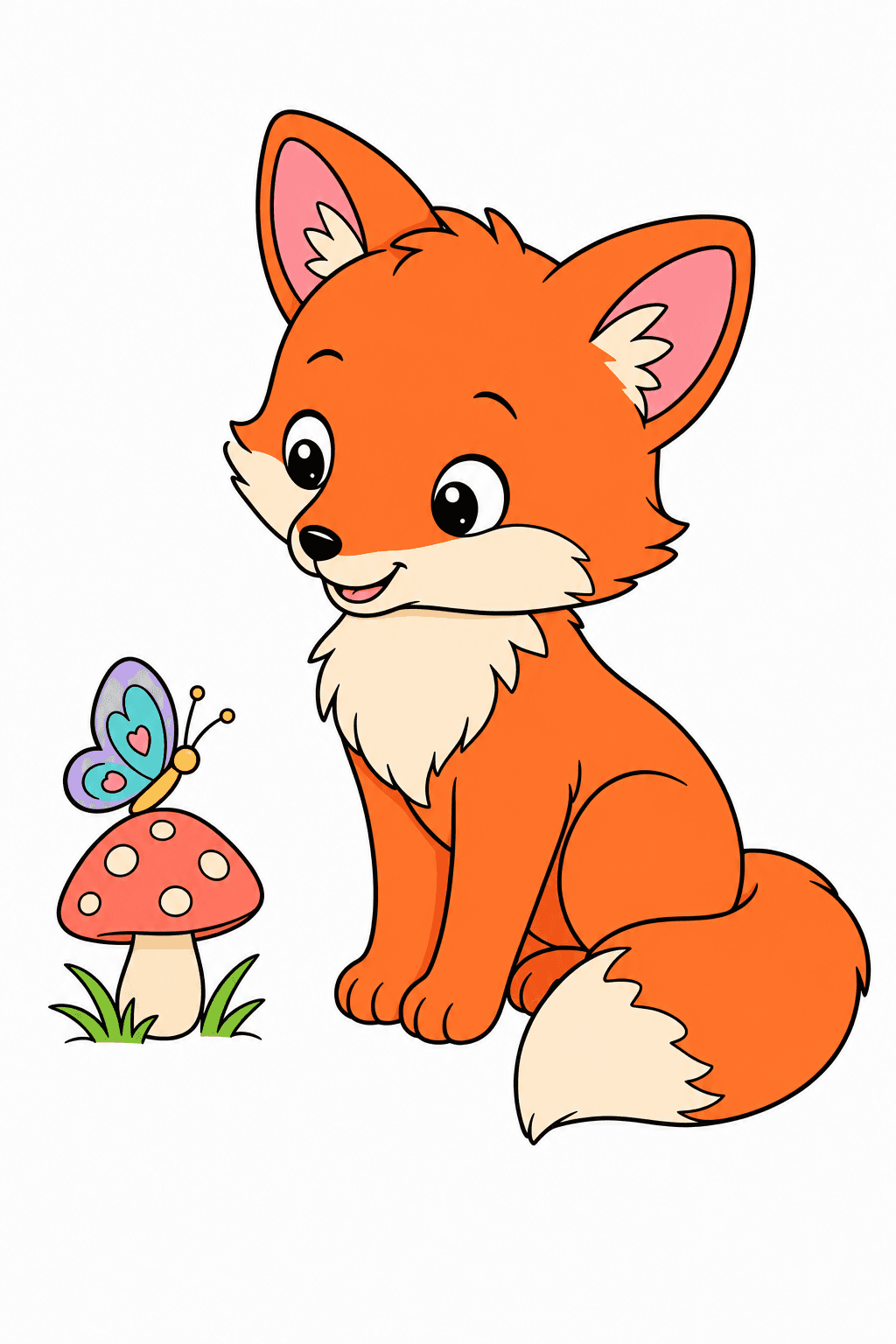 Kawaii Fox Beside a Butterfly and Mushroom clean-digital colorized preview