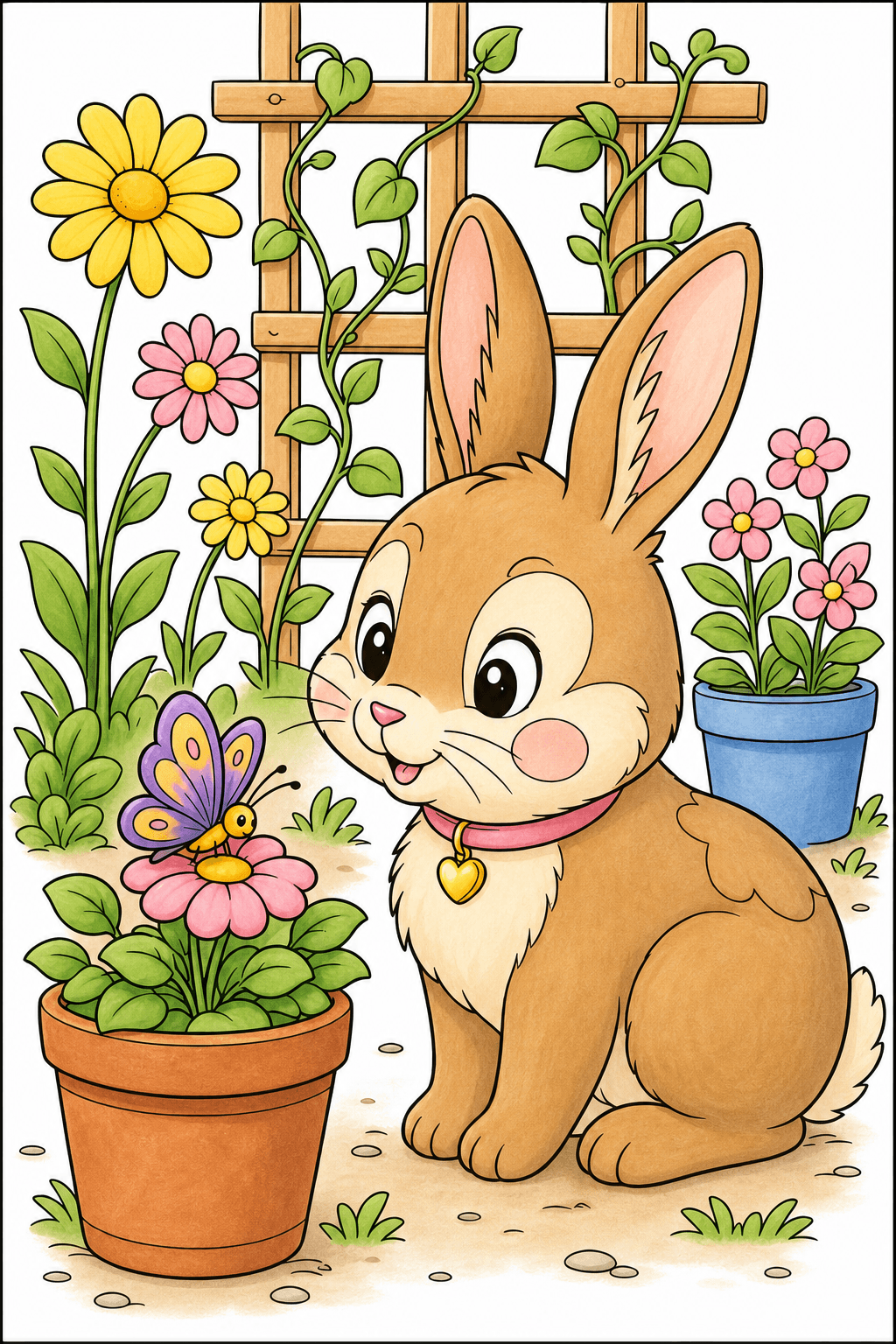 Kawaii Bunny Watching a Butterfly in the Garden storybook colorized preview