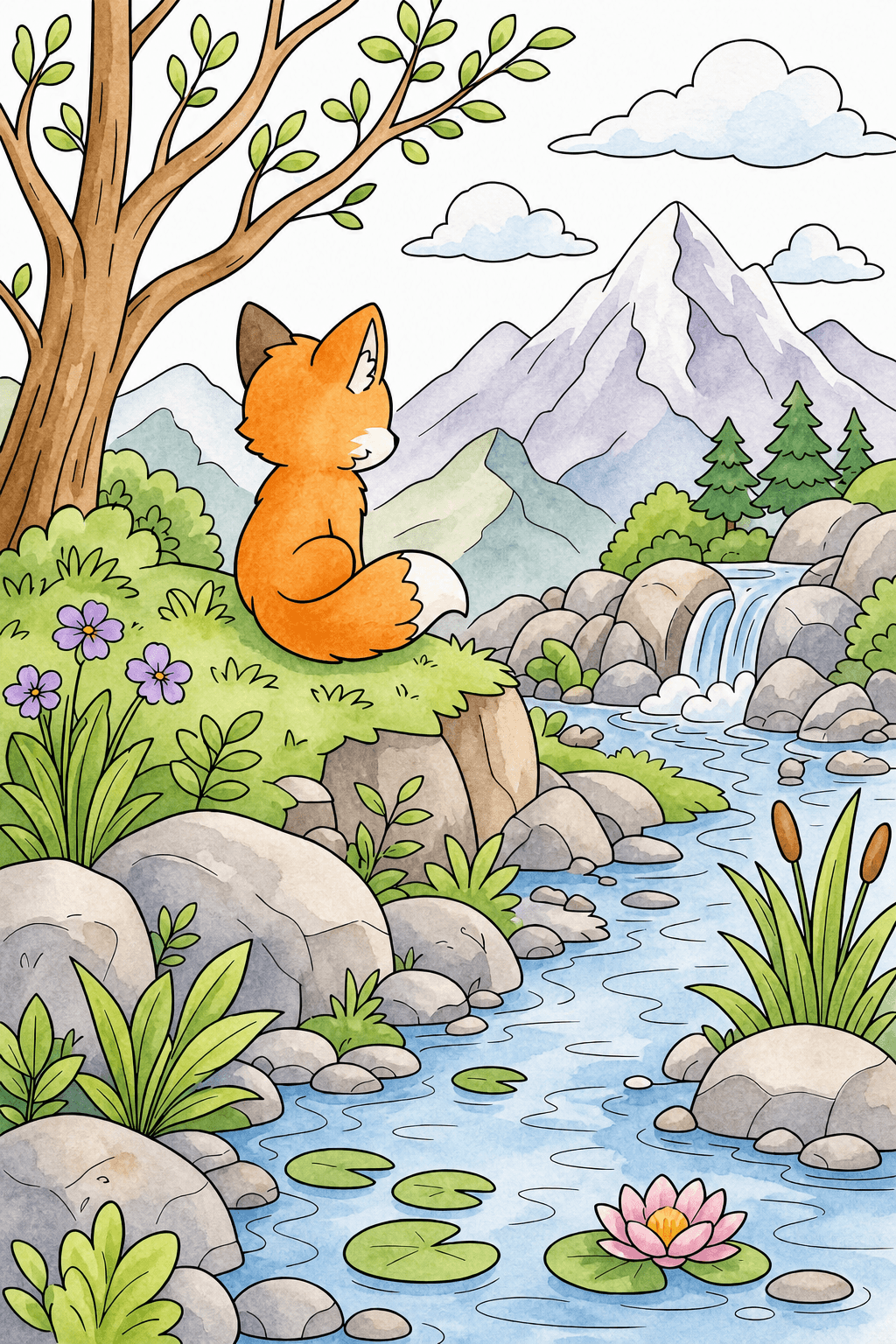 Kawaii Fox Overlooking a Mountain Stream watercolor colorized preview