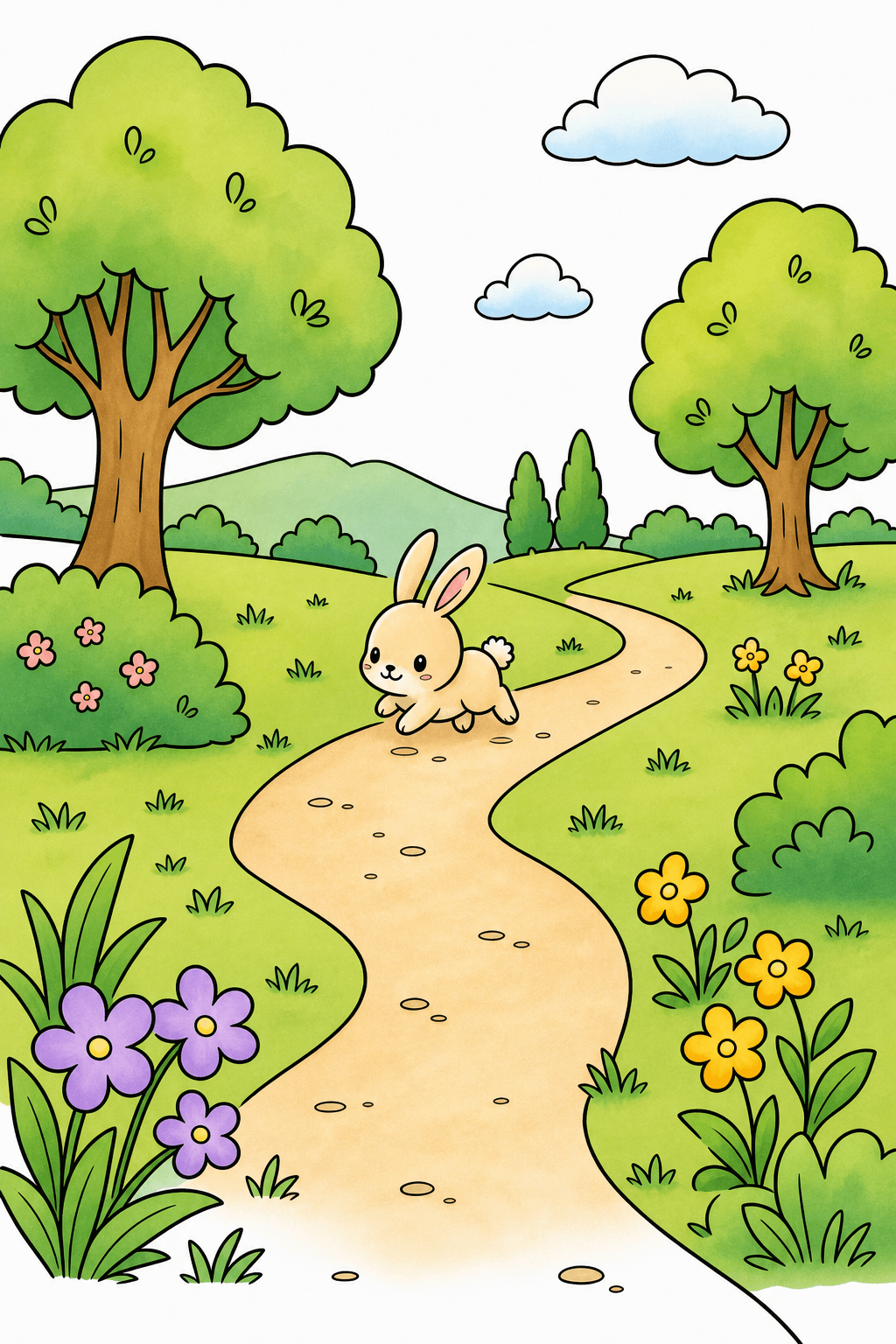 Kawaii Rabbit on a Winding Garden Path storybook colorized preview