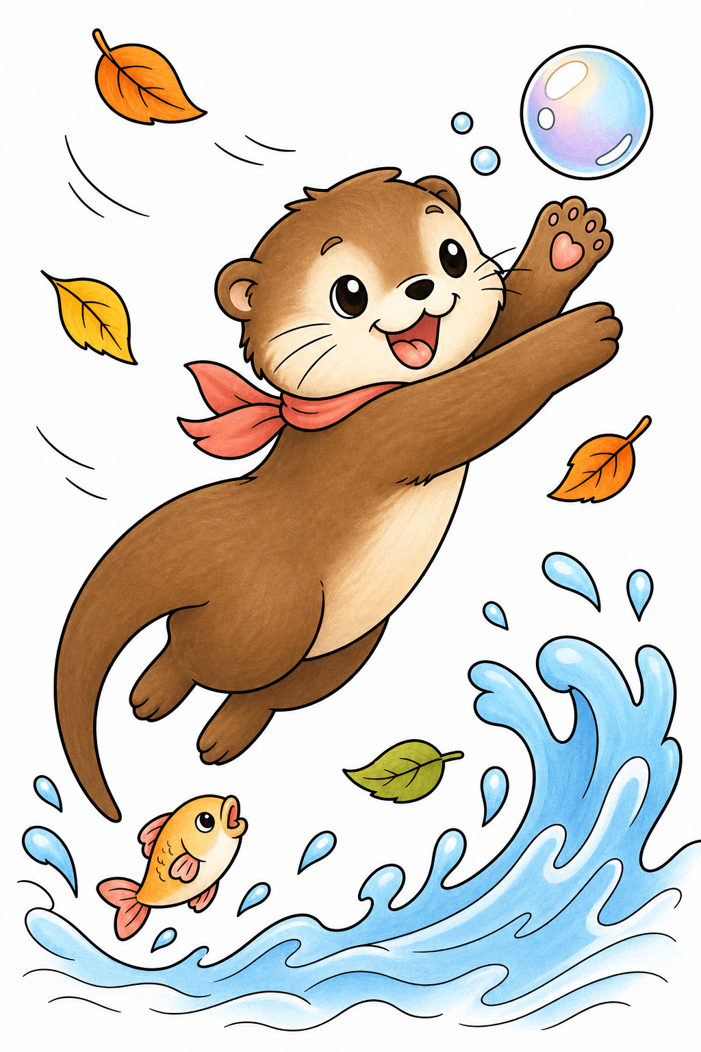 Playful Kawaii Otter Chasing a Bubble storybook colorized preview