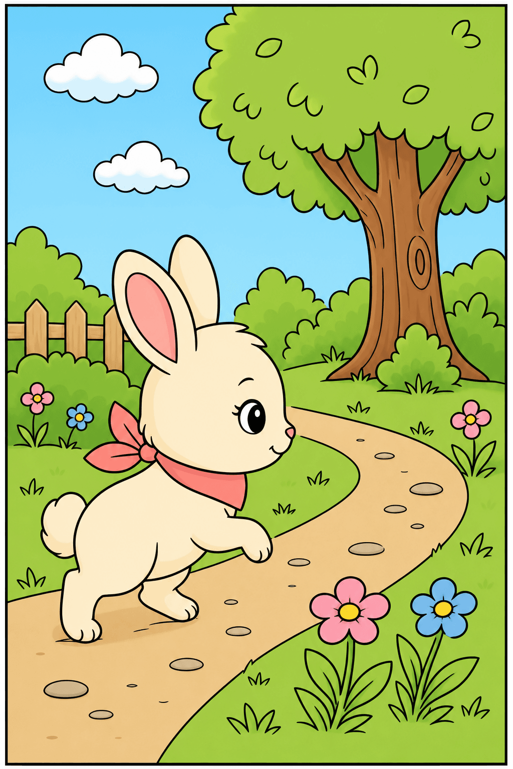 Kawaii Bunny Walking Along a Garden Path clean-digital colorized preview