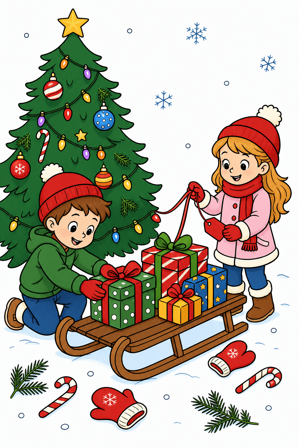 Children Loading Gifts onto a Christmas Sled clean-digital colorized preview