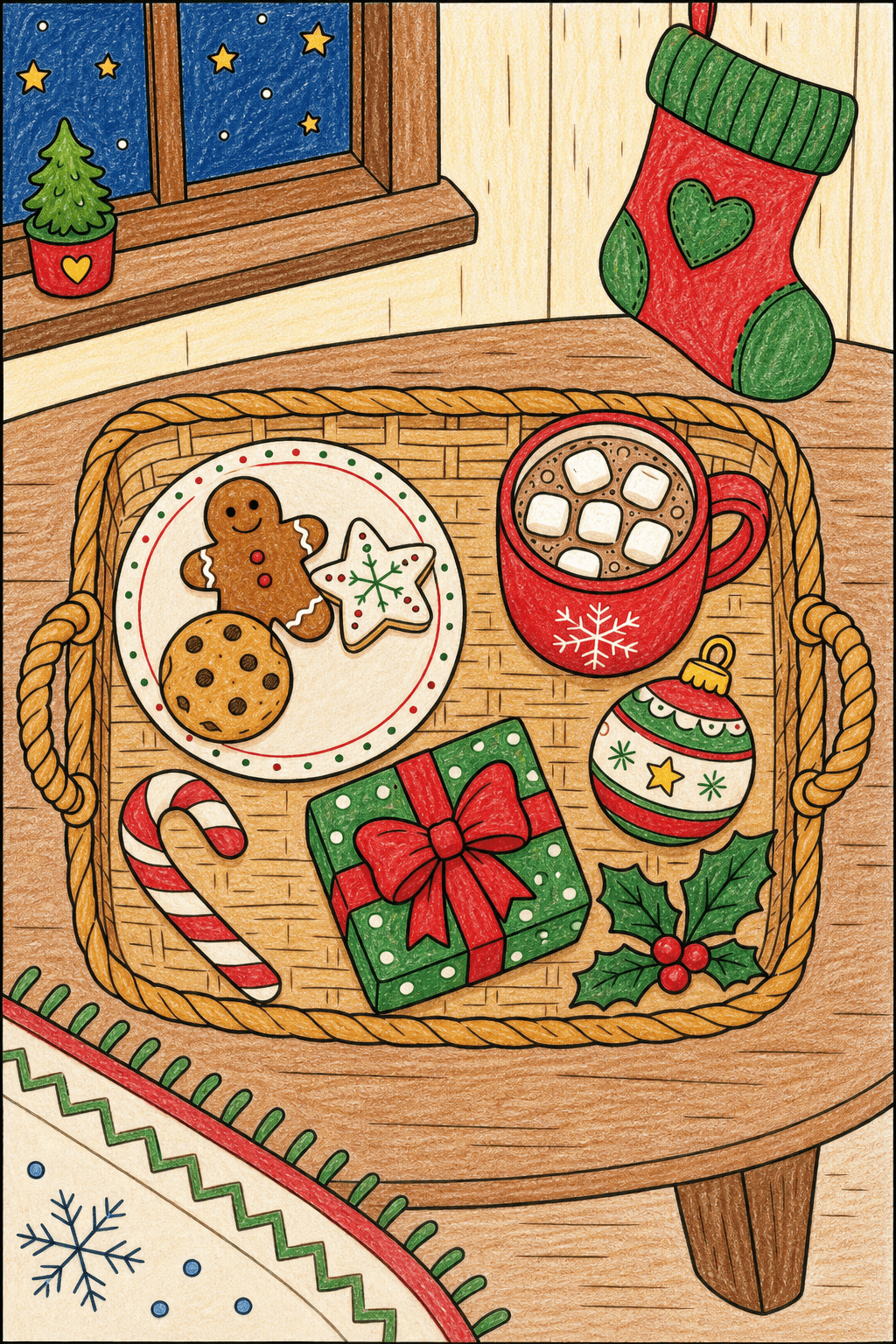 Christmas Treat Tray by a Starry Window crayon colorized preview