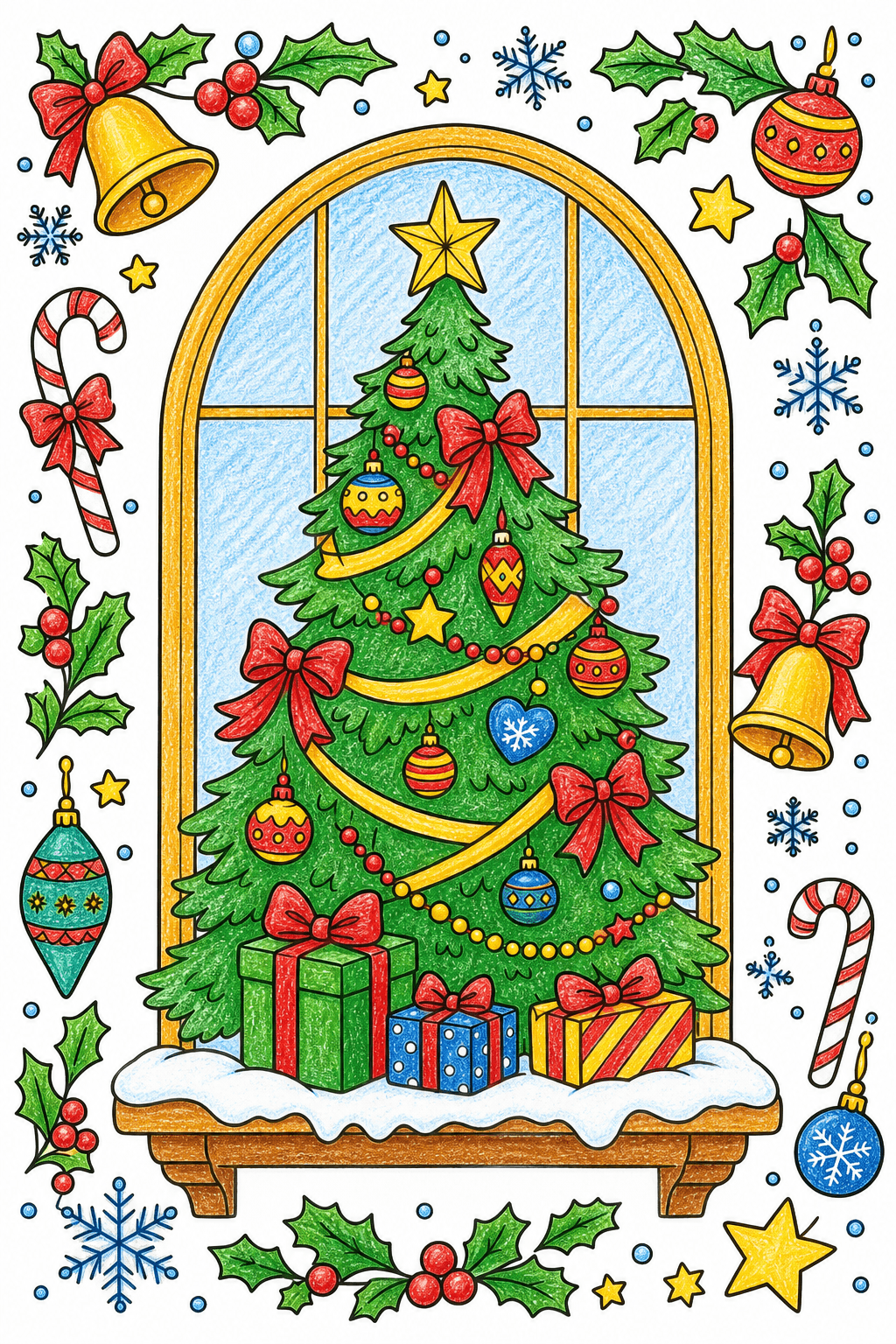 Christmas Tree Framed by Holiday Decorations crayon colorized preview