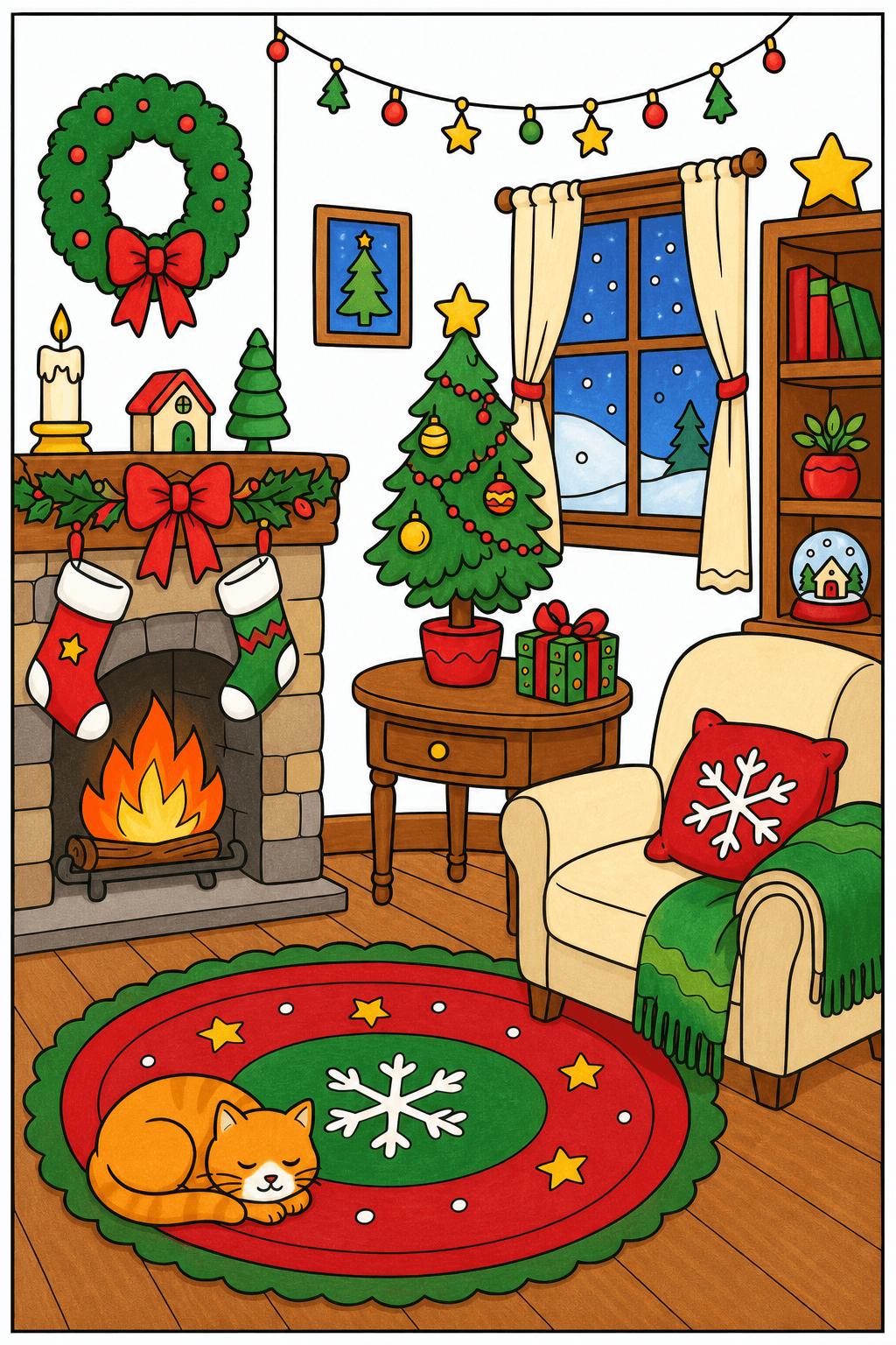 Christmas Living Room with a Sleeping Cat marker colorized preview