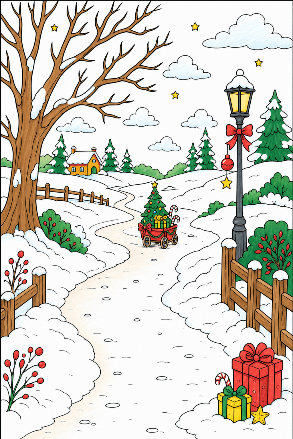 Christmas Wagon on a Snowy Path Coloring Page marker colorized preview