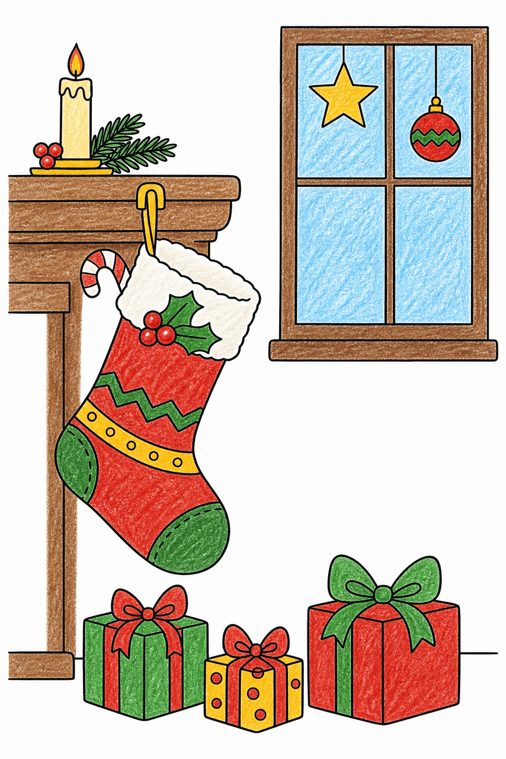 Christmas Stocking Hanging from a Fireplace Mantel crayon colorized preview