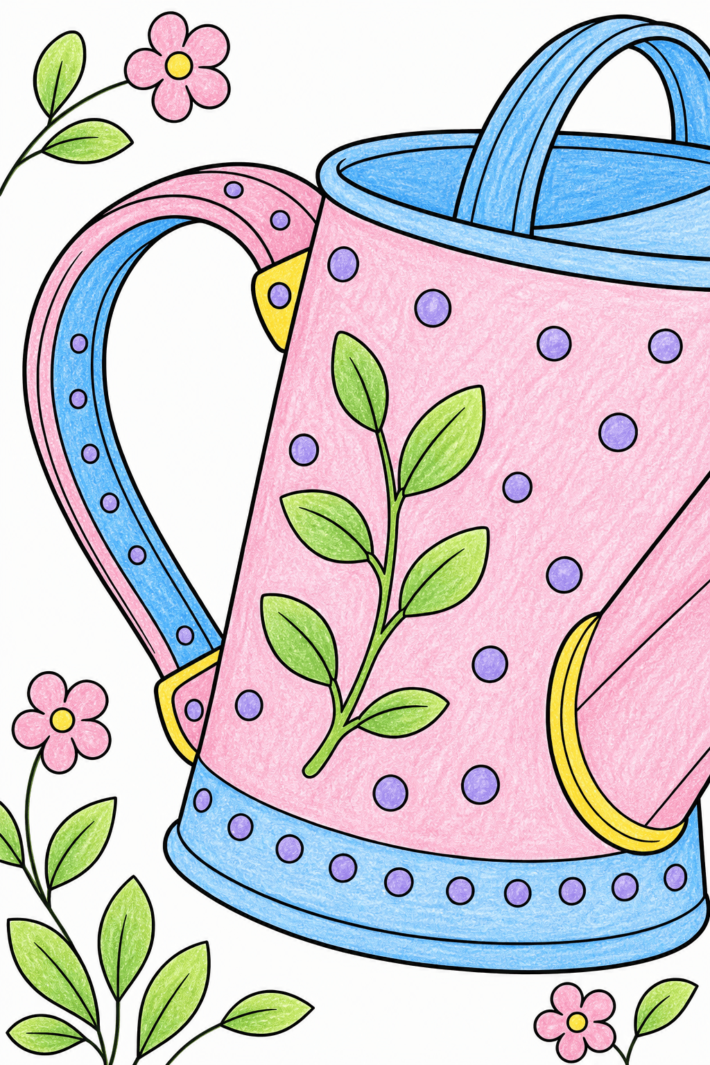 Decorative Watering Can with Flowers crayon colorized preview