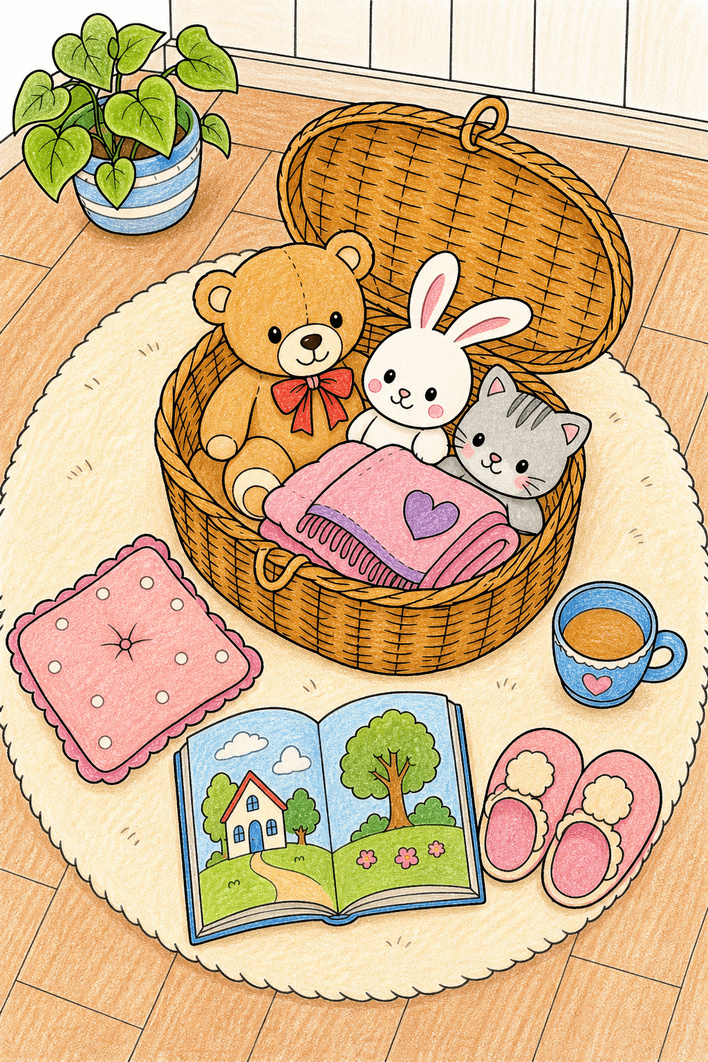 Cozy Plush Toy Basket Coloring Page crayon colorized preview