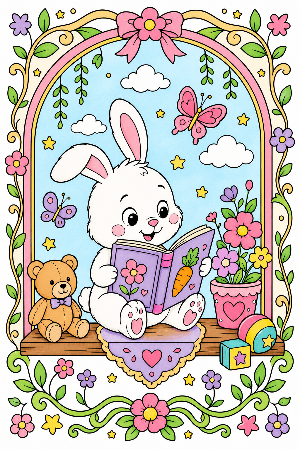 Bunny Reading Inside a Floral Arch marker colorized preview