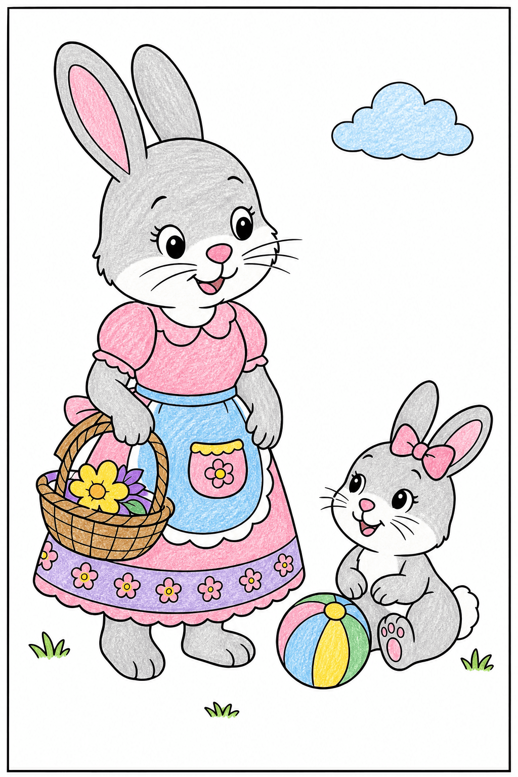 Bunny Family with a Flower Basket and Ball crayon colorized preview