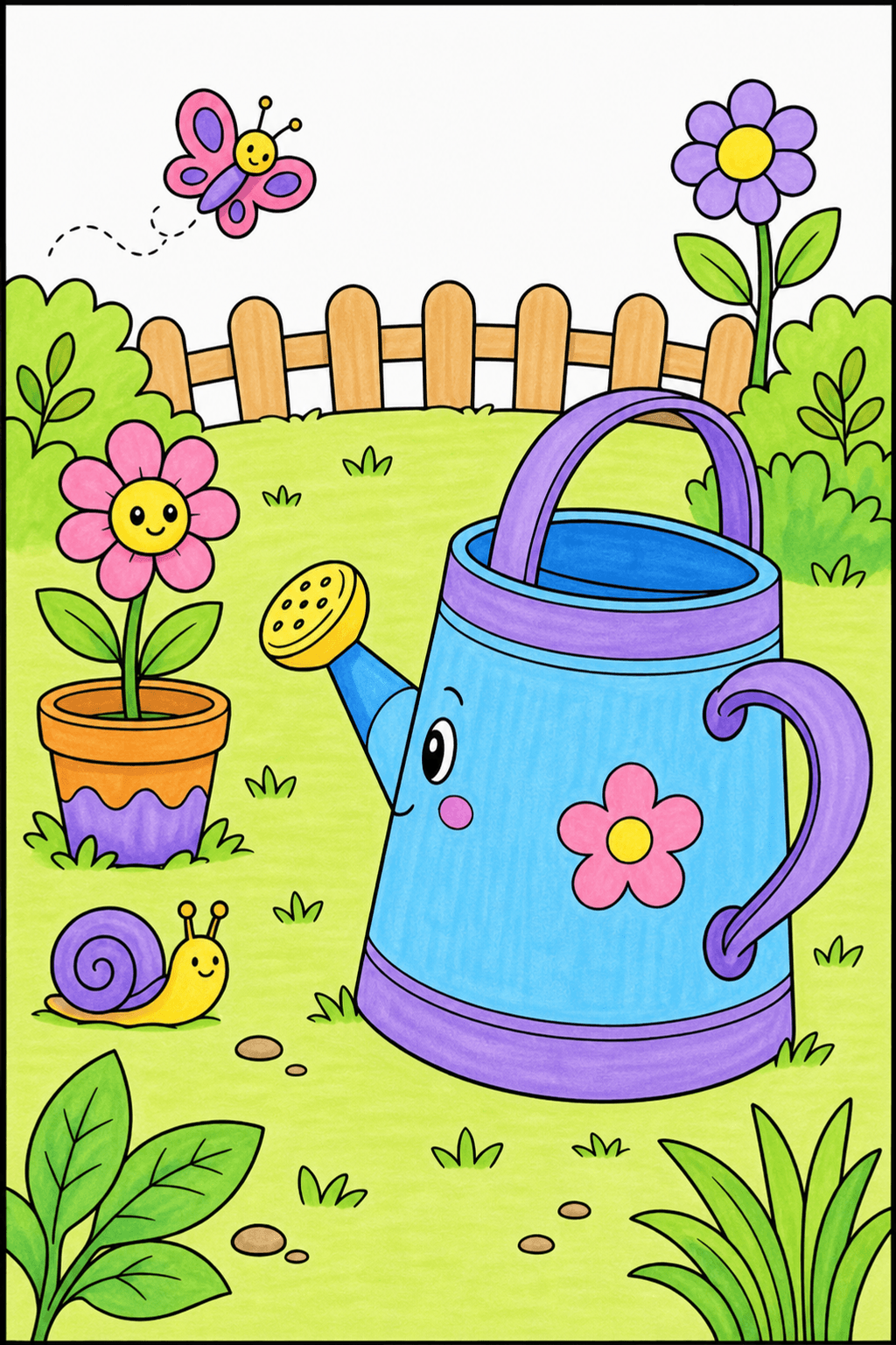 Smiling Watering Can in a Garden Coloring Page marker colorized preview