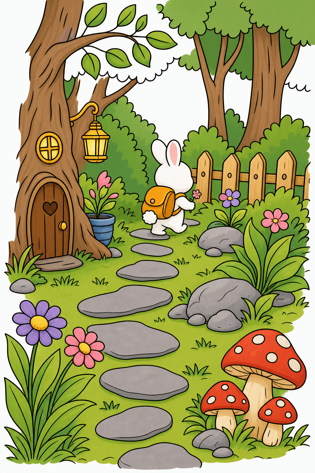 Backpack Bunny on a Woodland Path clean-digital colorized preview