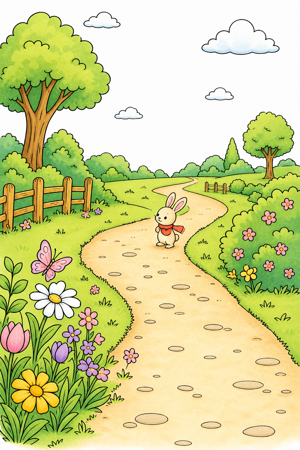 Bunny on a Winding Garden Path Coloring Page storybook colorized preview
