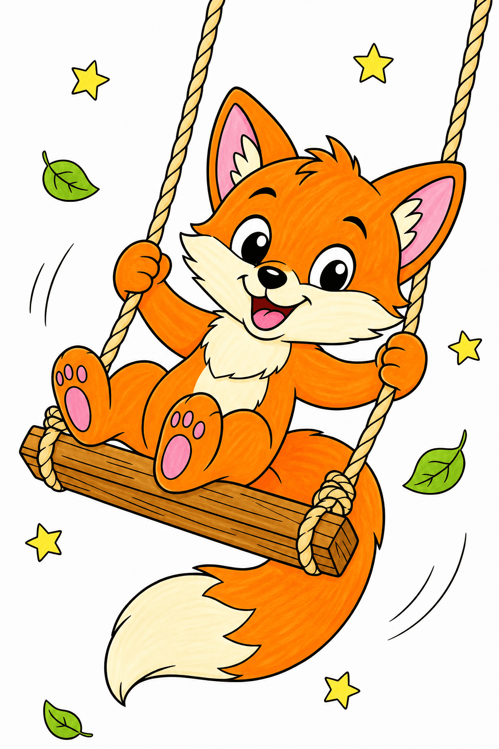 Happy Fox Riding a Wooden Swing Coloring Page marker colorized preview