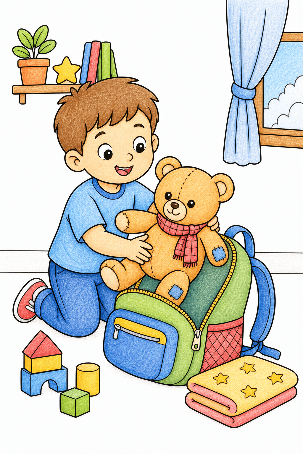 Boy Packing a Teddy Bear into a Backpack colored-pencil colorized preview