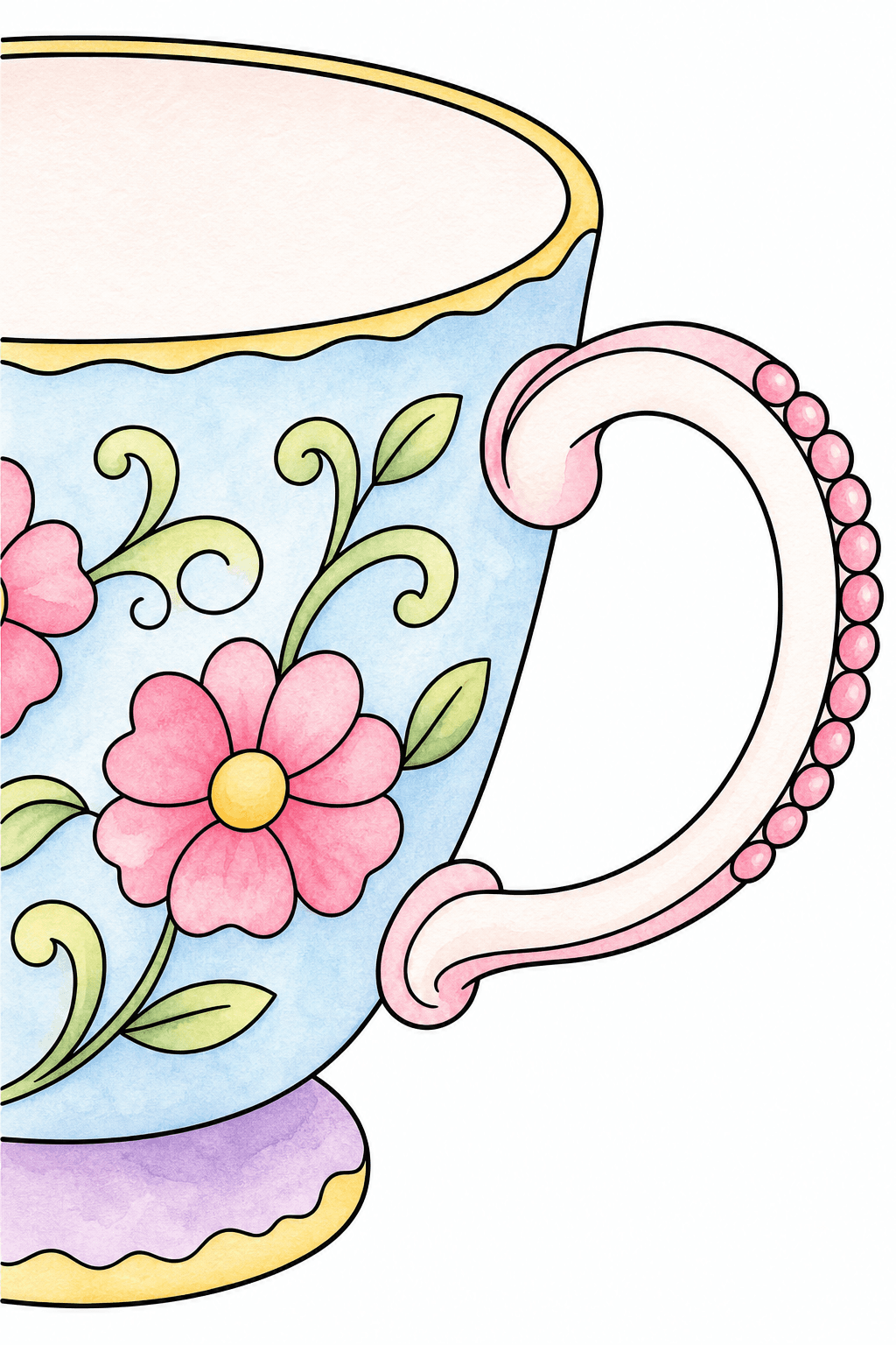 Decorative Floral Teacup Coloring Page watercolor colorized preview