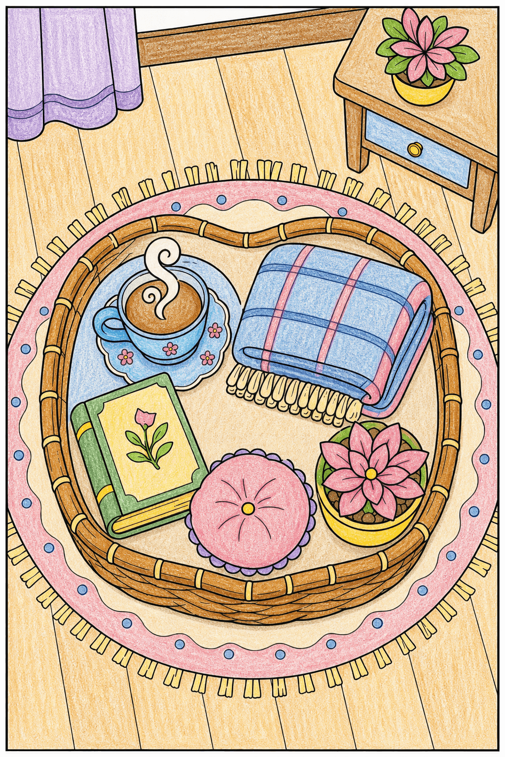 Cozy Basket with Tea, Blanket, and Book crayon colorized preview