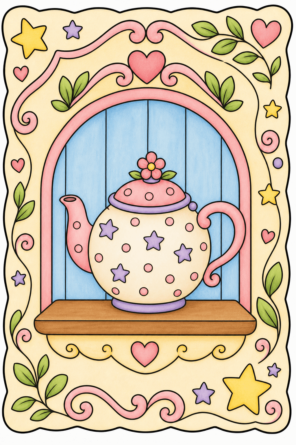 Decorated Teapot in an Arched Frame Coloring Page storybook colorized preview