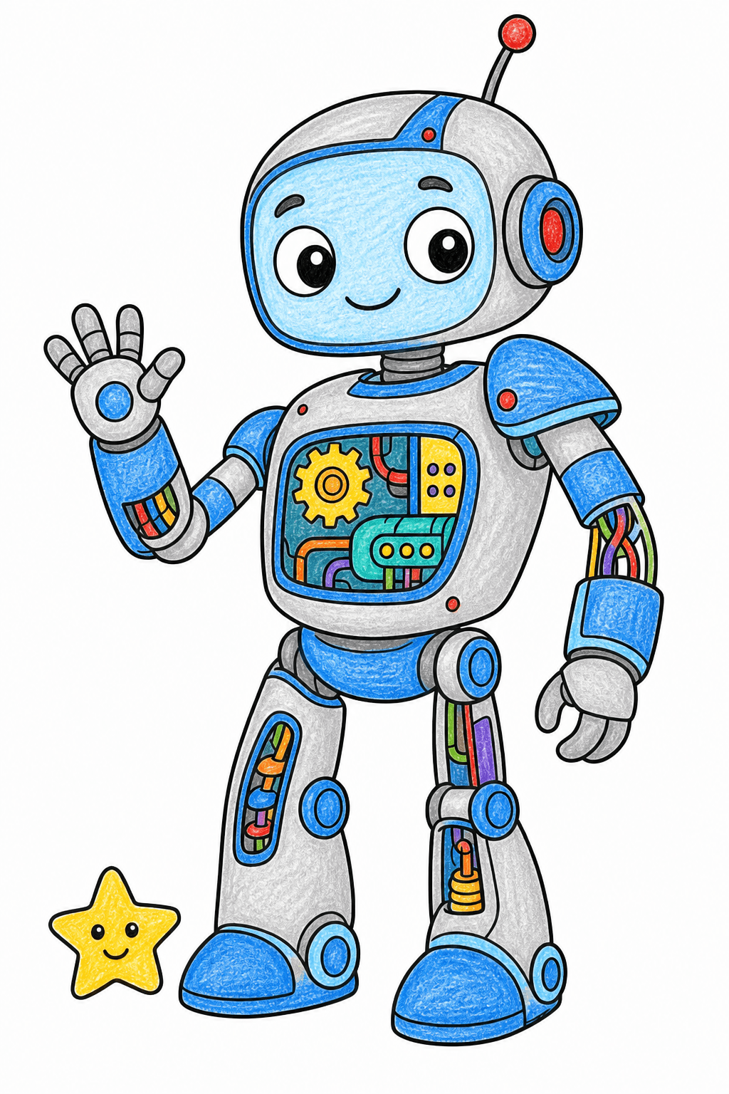 Waving Robot with a Smiling Star crayon colorized preview